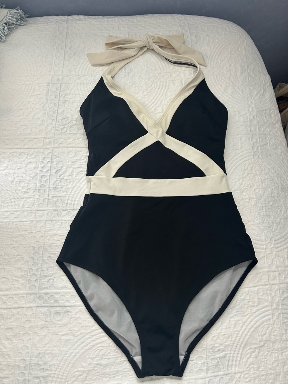 BODEN Black One-Piece Swimsuit with Cream Strap Detail